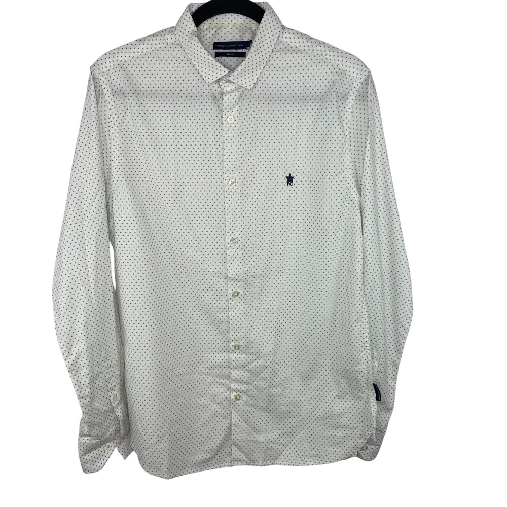 French Connection Cotton Slim Button-Down Shirt‎ Men Sz S White Navy Mini-Print